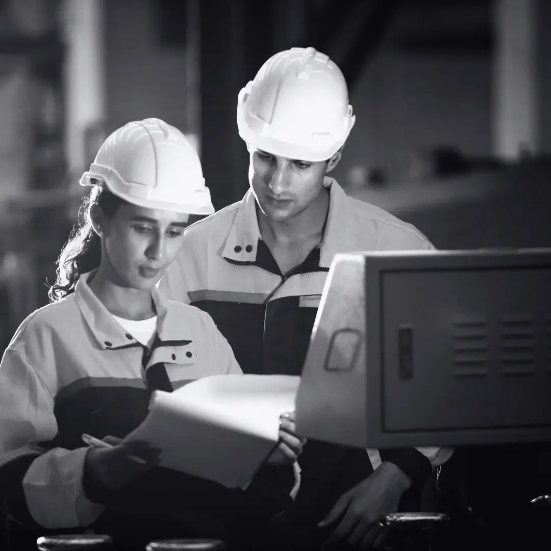 Engineers analyzing production data using Manufacturing ERP system