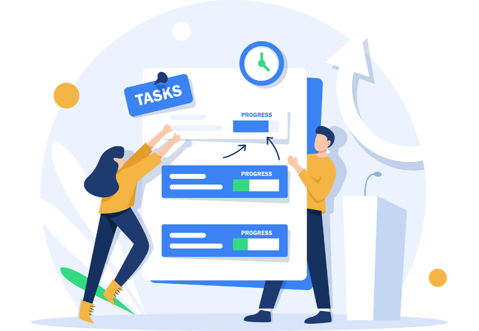 Team members managing tasks on a digital dashboard representing project management and workflow automation.