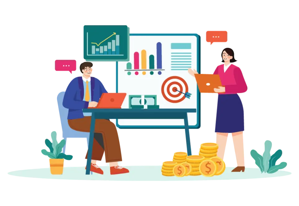 Illustration of two professionals analyzing business data on a computer screen, with charts, graphs, and financial icons symbolizing quality management and performance analysis.