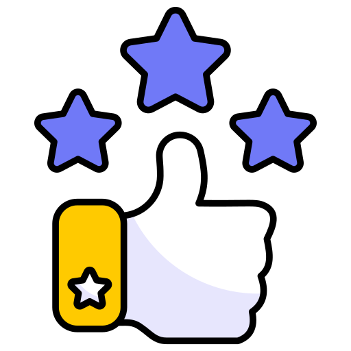 Thumbs up icon with three stars representing positive customer reviews and high service ratings.